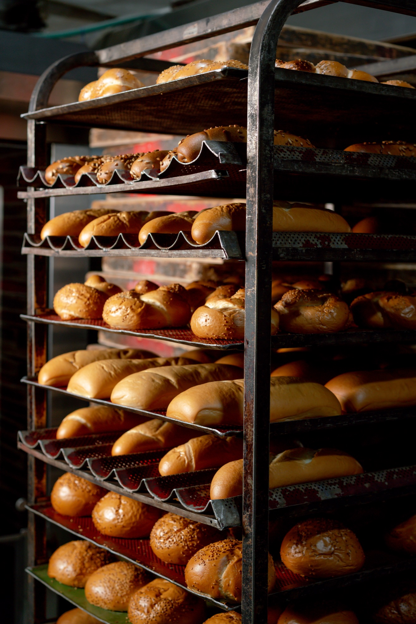 Trays of fresh rolls stacked on a bakery cart